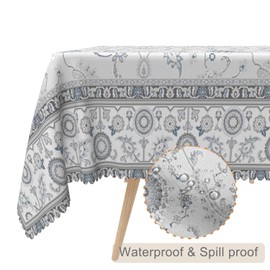 TTQYFNM 70x120inches Boho Floral Tablecloth Blue Flowers Printed Bohemian Pattern Rectangle Table Cloth Waterproof Stain Resistant Polyester Fabric Table Cover for Kitchen Dining Room Home Decor