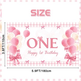 Roetyce 1st Birthday Decorations for Girls, Bow 1st Birthday Banner, Pink One Birthday Backdrop 5.9 x 3.6 Ft, Baby Girl First Birthday Party Supplies, Bow Tie 1 Year Old Birthday Photo Background