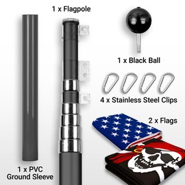 G128 Combo Pack: 20 Ft Telescoping Aluminum Flagpole (Black) & American and Pirate Jolly Roger Head Scarf Flags 3x5 Ft, Both ToughWeave Series Embroidered Polyester | Pole with Flags Included