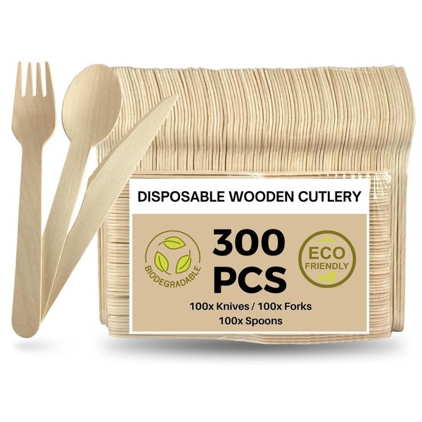 300pcs Disposable Wooden Cutlery Set | 100x Forks, 100x Spoons, 100x Knives | 16cm | Biodegradable Compostable & Eco Friendly | Ideal for Party, Picnic, Christmas, All Occasions
