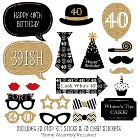 Adult 40th Birthday - Gold - Photo Booth Props Kit - 20 Count