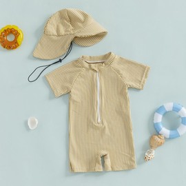Nibbcoa Toddler Baby Boys Seersucker Short Sleeve One Piece Rash Guard Swimsuit Zipper Bathing Suit Swimwear with Hat (Khaki, 0-3 Months)