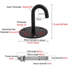 Stainless Steel Heavy Duty Ceiling Hooks with M6 Sleeve Anchors, Wall Mount Pad Eye Plate Top Hook Hanging Hardware for Yoga Hammock Swing Boat Sandbag Plant Basket (2pcs Large J Single Hook)