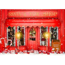 Red Christmas Backdrop Santa's Toy Shop Xmas Gift Candy Window Photography Background Christmas Shop Decoration Winter Family Holiday Party Banner 7x5FT