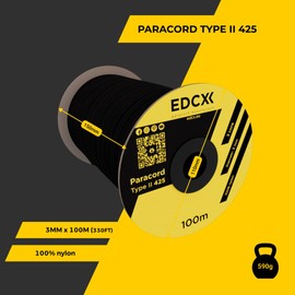 EdcX 3 mm Nylon Paracord 425 (15, 30, 50 and 100m) – 3 mm Type II, 100% Nylon Rope, 3 Strand Rope, 3 mm Nylon Rope in Many Colors (Black, 100 m)