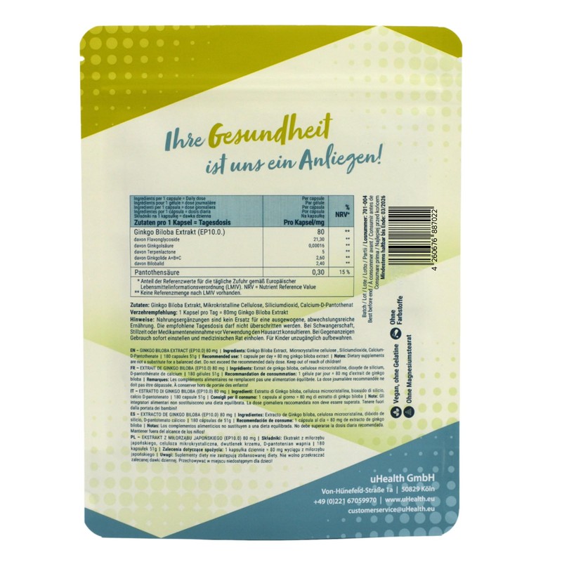 GINKGO BILOBA EXTRAKT (EP10.0) 80 mg mit Viatmin B5-360 Kapseln