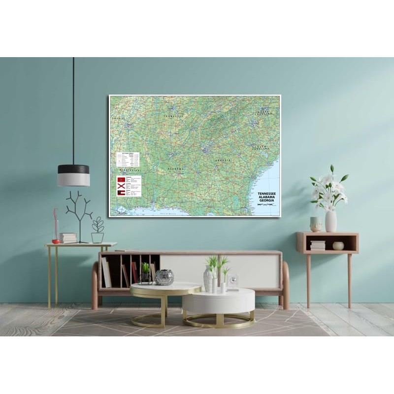 Tennessee, Alabama and Georgia Physical Map - 23.3 x 16.5