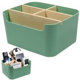 JOKILY Desk Organiser, 5 Compartments Bamboo Office Organiser with Pen Holder, Pen Organiser, Pen Holder, Storage Box, Desk Organiser for Pens, Cosmetics, Small Items (Green)