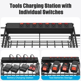 CCCEI Black Power Tools Organizers Wall Mount, Large Tools and Battery Storage Rack Charging Station. 8 Drill Holder, All Metal, Garage Utility Shelves with 10FT Power Strip. Gifts for Men.