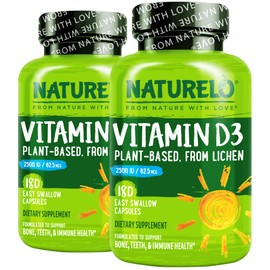 NATURELO Vitamin D - 2500 IU - Plant Based from Lichen - Natural D3 Supplement for Immune System, Bone Support, Joint Health - Vegan - Non-GMO - Gluten Free - 180 Capsules (Pack of 2)