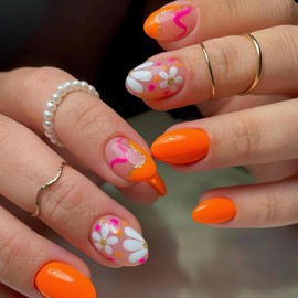 Flower Press on Nails - 24Pcs Oval Cute Design Glue on False Nails, Glossy Orange, Spring Summer Nail Art Decorations, Short Almond Acrylic Nails for Women Girls