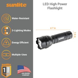Sunlite 41780 LED Outdoor High Power Flashlight, 3-Modes, Flashlight, Strobe, Green Light, Water Resistant, Handheld, Black, 2 Count