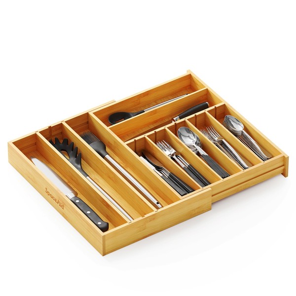 SpaceAid 2.5" High Bamboo Silverware Drawer Organizer with Labels, Kitchen