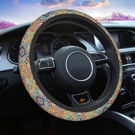 Swono Oriental Tile Luxury Car Steering Wheel Cover Colorful Floral Patchwork Background Safe Driving Anti-Slip Steering Wheel Covers Steering Wheel Protection No Smell Universal 15 Inch