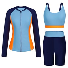 2025 Spring Women's Three Piece Rash Guard Long Sleeve UPF 50+ Sun Protective Bathing Suit with High-Waisted Boyshort Bottoms Grey Blue S
