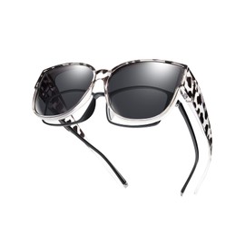 TINHAO Polarized Fit Over Glasses Sunglasses for Women UV Protection, Trendy Oversized Square Wrap Around Shades for Driving(Grey leopard,Black)