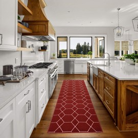 Custom Made Runner Rug for Kitchen Foyer Hallway Entry Choose Your Length Size 26 Inch Wide Geometric Lattice Design Red Color (6 feet x 26 inch)