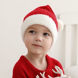KONVINIT Baby Santa Hat Knitted Toddler Christmas Hat Red Soft Warm Elastic Small Santa Claus Hat for Kids/Boy/Girl,2-5 yeas old, Red 110