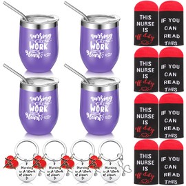Zubebe 12 Pcs Nurse Appreciation Christmas Gifts for Women Nurse Gifts Include 4 Nurse Tumbler Mugs 4 Keychains 4 Socks Nurse Practitioner Gifts, Purple