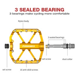 PINNAMAX Bicycle Pedals 9/16 Inch CNC Aluminum Alloy Anti-Slip for Mountain Bike BMX E-Bike Road Bike (Gold)