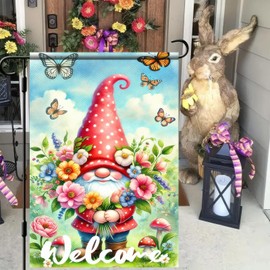 BlissYard Welcome Spring Garden Flag Cute Gnome Flowers Yard Flag Spring Seasonal Decors Flag Flower Butterfly Outside Holiday Yard Flag Welcome Sign Outside Holiday 12x18 Inch Double Sided