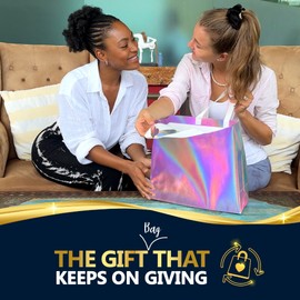 Nush Nush Reusable Pink Iridescent Gift Bags Large Size – Set of 12 Holographic Pink Gift Bags With Handles - Birthday Gift Bags Bulk, Christmas Bags, Goodie Bags, Party Favor Bags – 13x5x11 Size