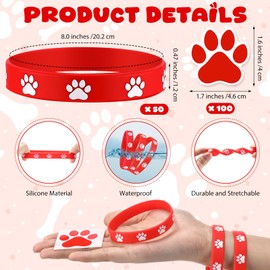 Soulchen 50 Pcs Paw Print Silicone Bracelets with 100pcs Dog Paw Sticker Rubber Wristbands for Birthday Puppy Animal Shower Party Decorations Supplies Accessories Goodie Bag Favor(Red)
