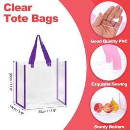 sourcing map 6 Pack Clear Tote Bags Bulk, 12" x 6" x 12" Reusable Clear Plastic Tote Bags with Handles PVC Stadium Approved Clear Bags Beach Bag Transparent for Work Stadium Events, Purple