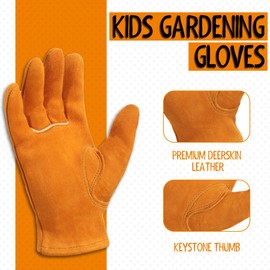 HANDLANDY 2 Pairs Kids Genuine Leather Work Gloves for ages 3-11, Children Gardening Gloves for Boys, Girls (Small (for age 2-4), Orange)
