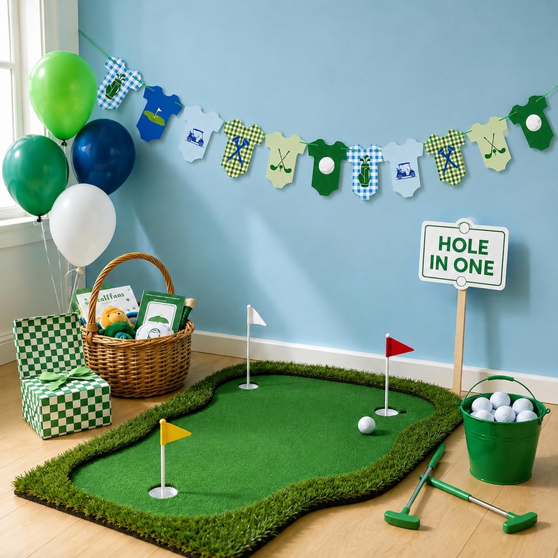 Golf Baby Bodysuit Banner, Green Gingham Baby Shower & 1st