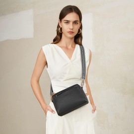 BOSTANTEN Small Crossbody Purse for Women Triple Zip Cell Phone Leather Shoulder Handbag with Wide Guitar Strap Black