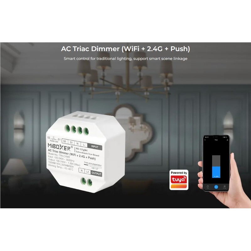 LIGHTEU®, Milight Miboxer Smart AC Triac Dimmer (WiFi+2.4G+Push), Supports Tuya