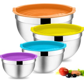 HASA zone Mixing Bowl with Airtight Lid, Set of 4 Salad Nesting Bowl, Large Metal Mixing Bowl, Stainless Steel Mixing Bowls for Baking/Cooking/Serving/Storage, Dishwasher Safe