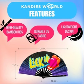 Kandies World Custom Festival Folding Hand Fan - Unique Designs, Made of Bamboo, Clacking Sound, Lightweight - Perfect Rave and Festival Accessory!… (Lick It)