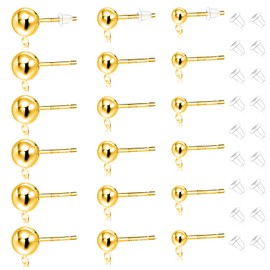 36Pcs Sterling Silver Earring Posts for Jewelry Making with Loop,3Size S925 Silver Round Ball Posts Earring Studs with Clear Ear Backs Hypoallergenic Ball Studs for Jewelry Findings Making Kit(K Gold)