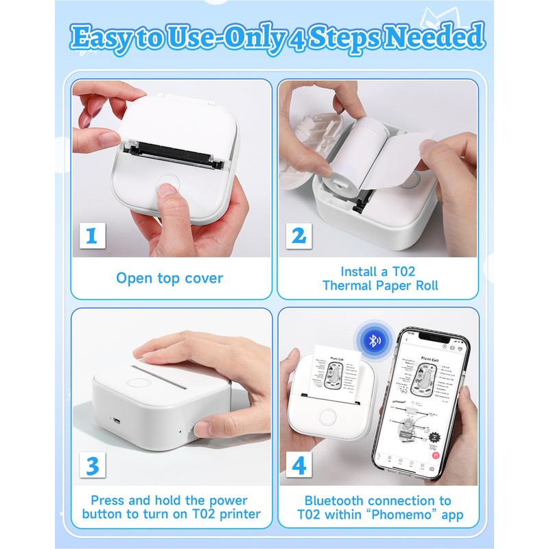 Memoqueen T02 Sticker Printer with 3 Rolls Paper, Portable Thermal