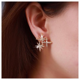 Andelaisi Boho Crystal Northstar Earrings Gold Rhinestone Star Studs Earrings Sparkly Cz Crystal North Star Earrings Vintage Cz Paved Northstar Earrings Asymmetrical Jewelry for Women