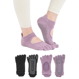 LYKKELY Physical The x Instructor Supervision | Pilates Socks, 5 Toe Socks, Women's, Yoga, Grip Socks, Anti-Slip, Night Black x Dusty Lilac, Free size