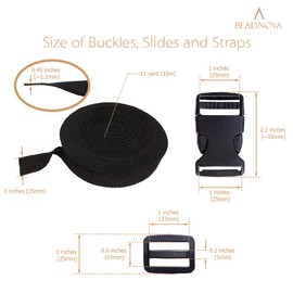 BEADNOVA Plastic Buckle Kit Nylon Strap with Buckle 12 Sets Quick Release Buckle 1 Inch and Tri-Glide Slides with 11 Yards Nylon Strapping 1 Inch (Black), Black