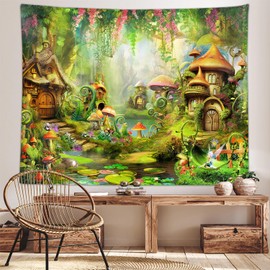 Tapiz decorativo de hongos de bosque de hadas, lindo tapiz de fantasía de jardín encantado para colgar en la pared para recámara de niñas, recámara universitario, habitación estético de 40 x 30 pulgadas, manta de póster de la naturaleza del cuento de had