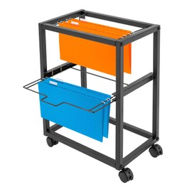 2 Tiers Metal Rolling File Carts with Lockable Wheels, Movable Pull-Out File Folder Rack Hanging Files, Mobile Office File Organizer Cart, Drawer File Cabinet for Home Office (Black)