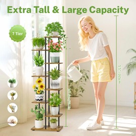 iDavosic.ly 7 Tier Tall Plant Stand Indoor, Tiered Corner Metal Wood Multiple Flower Holder Shelf, 58 Inch Orchid Display Rack for Patio Porch Living Room Balcony Outdoor, Modern Black & Rustic Brown