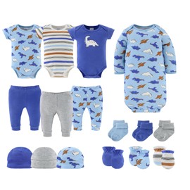 The Peanutshell Baby Layette Gift Set for Boys - 16 Piece New Born Boy Gift Set, Baby Clothes & Newborn Essentials Must Haves - Newborn Clothes 0-3 Months - Blue Dino