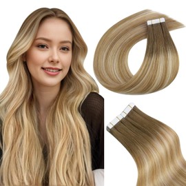 Easyouth Tape in Hair Extensions Balayage Tape ins Extensions Human Hair Ombre Brown Fading to Honey Blonde Mixed Light Blonde Invisible Real Tape in Extensions 22Inch 50g 20Pcs