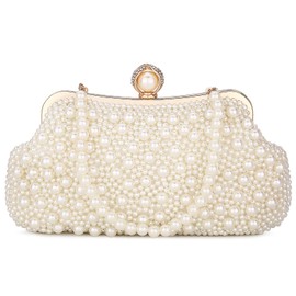 UBORSE Women Pearl Clutch Bead Rhinestone Evening Clutch Bag with removable Pearl Chain Ivory Beige