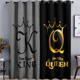 AILONEN Grey and Black Window Curtain,K and Q Crown Printed Drapes Gifts(2 Panels Set),His Her Themed Window Treatments Drapes for Bedroom Living Room 42" W x 84" H Home Decor
