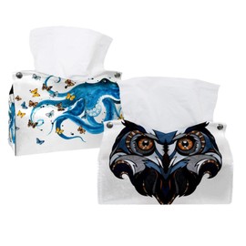 2 Pack Tissue Box Cover Holder, Blue Owl Head Rectangle Leather Tissue Case, Decorative Organizer for Tabletop, Bathroom, Car, Office