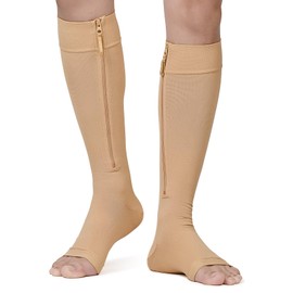 NURCOM Copper Compression Socks Open Toe Knee High Stockings, 20-30 mmHg Graduated Zipper Compression Socks for Varicose Veins, Venous Insufficiency, Lymphedema, Swelling, Unisex, Beige X-Large