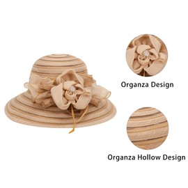 Women-Organza-Kentucky Sun Hats-Summer-Wide-Brim-Flower-Church-Hats for Tea Party Bridal Wedding Dress-Derby Hat Khaki