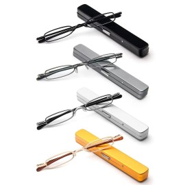Mmoww Reading Glasses Men Women 4 Pairs Slim Pocket Readers with Pen Clip Metal Case